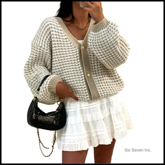Sweaters - Oversized V-Neck Cardigan Waffle Knit Balloon Sleeve Button-Up Chic Casual